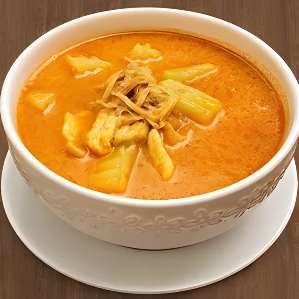 Angry Thai's red curry with chicken, bamboo shoots, and potatoes in a white bowl.